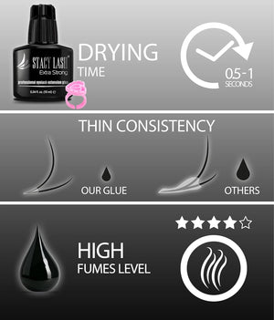 STACY LASH Extra Strong Eyelash Extension Glue (0.34fl.oz / 10ml) / 0.5-1 Sec Dry/Retention – 8 Weeks/Black Adhesive/Lash Tech Supplies + Glue Ring