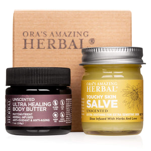 Ora's Amazing Herbal Unscented Moisturizer Travel Set, Touchy Skin Salve, Unscented Body Butter & Body Oil Set, Travel Size, Eczema and Senstivie Skin