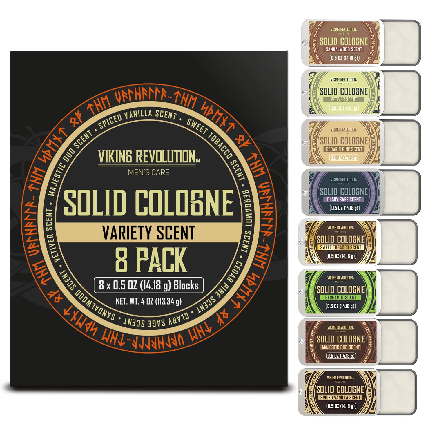 Viking Revolution 8 Pack Solid Cologne for Men - Men's Cologne Gift Set Including Sandalwood, Vetiver, Sweet Tobacco, Clary Sage, Spiced Vanilla, Cedar Pine - Travel Size Gifts for Men (0.5 Oz each)