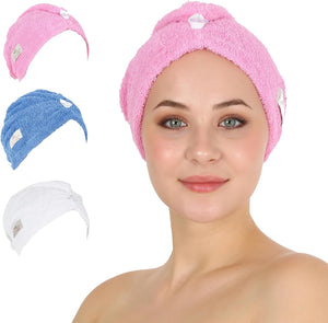 HALLEY Cotton Hair Towel Wrap (3 Packs) Super Absorbent Fast Drying Turbans for Thick, Wet Hair with Button (Black, Grey, Pink)