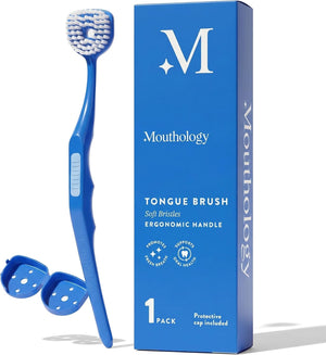 Soft Bristle Tongue Brush for Adults for Bad Breath, Halitosis & Oral Hygiene - Tongue Scraper Brush with Ergonomic Handle & Protective Cap for Easy Storage & Travel - 2 Pack