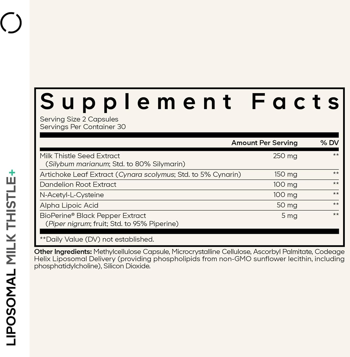 Codeage Liposomal Milk Thistle+ Supplement - Silymarin from Silybum Marianum, NAC, Artichoke Leaf, Dandelion Root, Alpha Lipoic Acid, BioPerine, Liposomal Delivery - Non-GMO - 60 Capsules
