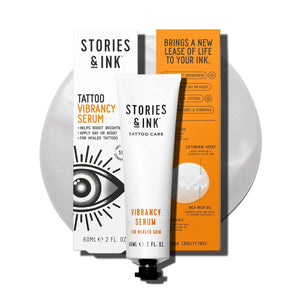 Stories & Ink Vibrancy Serum for Healed Tattoos, Brightening Treatment with Vitamin C to Revive Faded Tattoo Color, Lightweight Tattoo Care, Vegan, 2 Fl Oz / 60ml