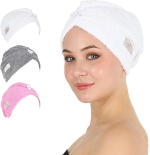 HALLEY Cotton Hair Towel Wrap (3 Packs) Super Absorbent Fast Drying Turbans for Thick, Wet Hair with Button (Black, Grey, Pink)