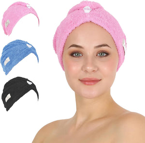 HALLEY Cotton Hair Towel Wrap (3 Packs) Super Absorbent Fast Drying Turbans for Thick, Wet Hair with Button (Black, Grey, Pink)