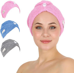 HALLEY Cotton Hair Towel Wrap (3 Packs) Super Absorbent Fast Drying Turbans for Thick, Wet Hair with Button (Black, Grey, Pink)