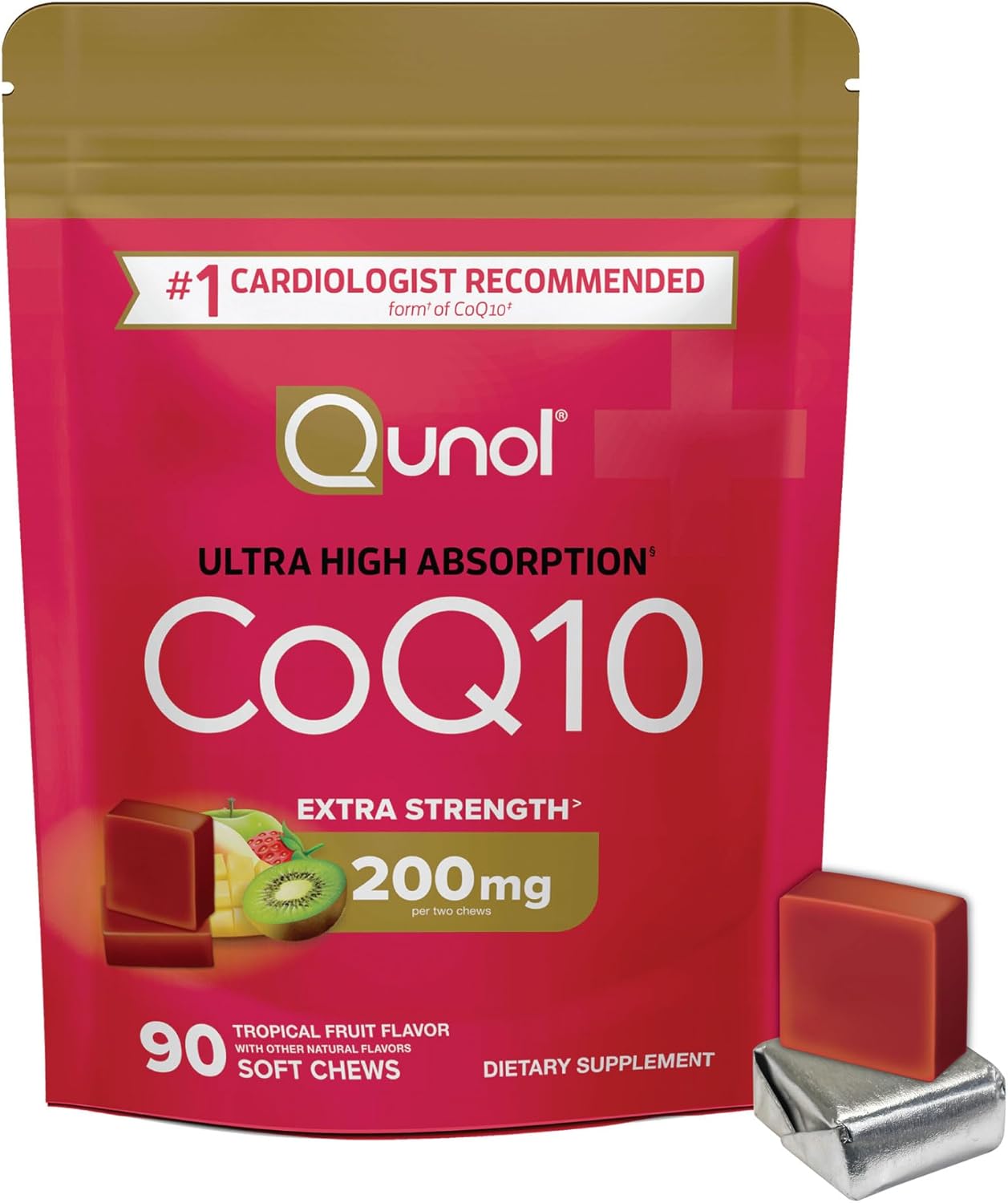 Qunol CoQ10 200mg Soft Chews, Extra Strength & Ultra High Absorption Coenzyme Q10 Supplement, #1 Cardiologist Recommended Supplement for Heart Health, 90 Count