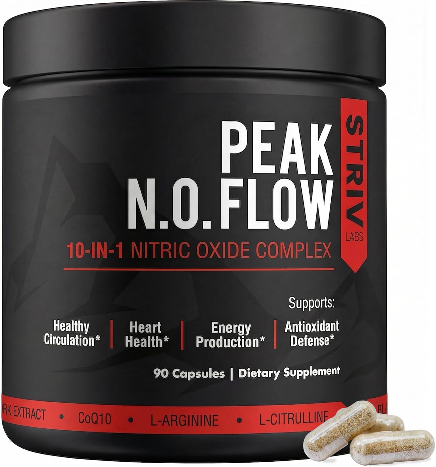 Peak Flow 10-in-1 Nitric Oxide Supplement for Men & Women - L Citrulline, L Arginine & CoQ10 - Healthy Circulation, Heart Health & Stimulant-Free Energy - 90 Capsules