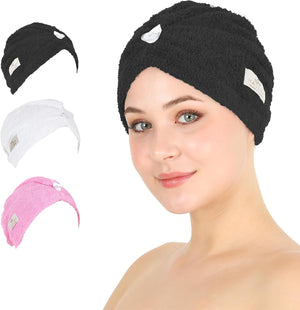 HALLEY Cotton Hair Towel Wrap (3 Packs) Super Absorbent Fast Drying Turbans for Thick, Wet Hair with Button (Black, Grey, Pink)