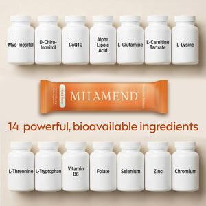 milamend Hormone Balance for Women 40:1 Myo-Inositol D-Chiro Inositol Supplement + CoQ10, ALA, & Amino Acids – Fertility, Ovarian & Cycle Support – Mixed Berry Powder – 28 Count Sticks