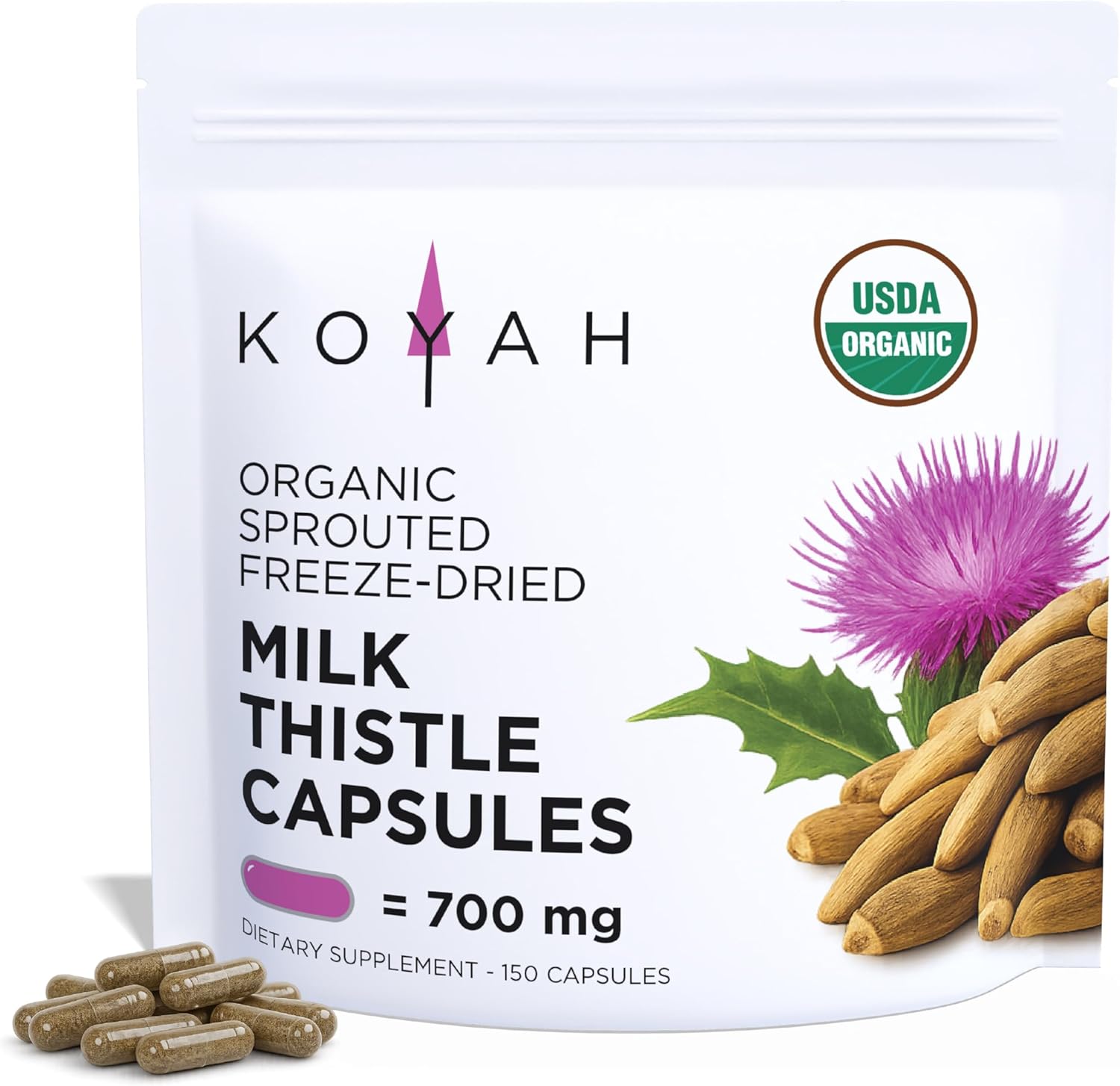KOYAH - Organic Milk Thistle Capsules – Sprouted & Freeze-Dried – 700 mg per Capsule - Liver Support* - 150 Capsules (50 Servings)