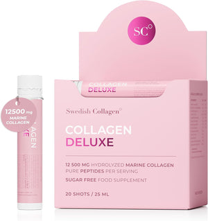 Swedish Collagen Deluxe, 12,500 mg Hydrolyzed Marine Collagen Liquid Supplement - 30 x 25 ml Daily Shots | Hyaluronic Acid, Biotin & Vitamin C for Healthy Hair, Skin, Nails & Joints | Sugar-Free