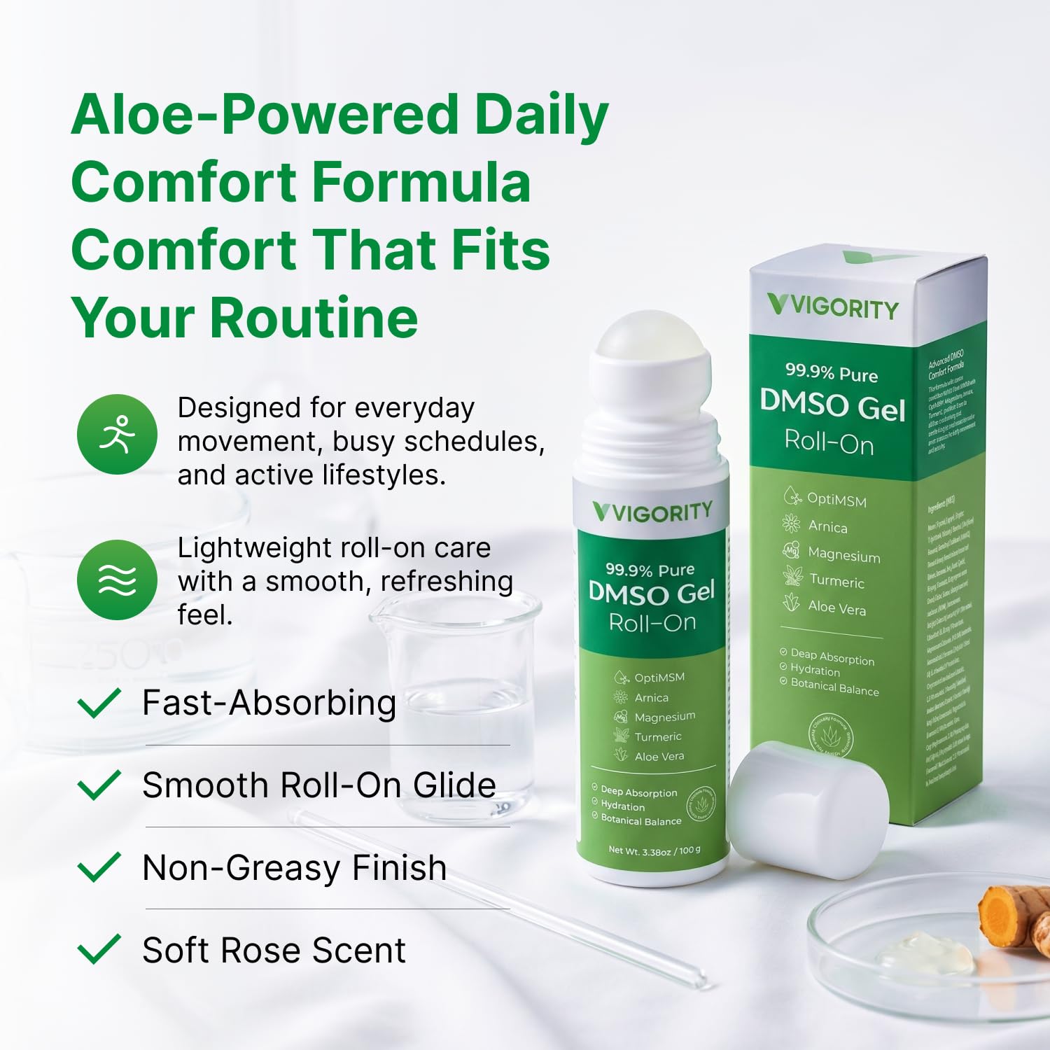 Vigority 99.9% Pure DMSO Roll-On Gel - Premium Skin Conditioning Cream with Aloe Vera, Magnesium, MSM & Botanical Extracts - Fast-Absorbing, Non-Greasy Daily Skin Care - 3.53 oz (100g)