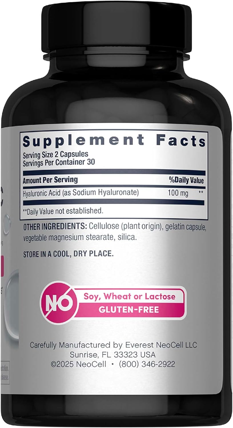 NeoCell Hyaluronic Acid Capsules | 60 Pills | 100mg | Advanced Formula Supplement | Skin Hydration & Suppleness