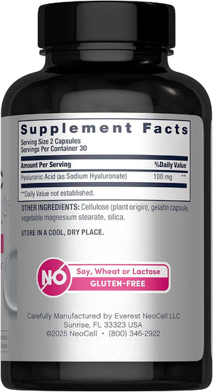 NeoCell Hyaluronic Acid Capsules | 60 Pills | 100mg | Advanced Formula Supplement | Skin Hydration & Suppleness