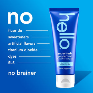 Hello Superfresh Natural Peppermint Fluoride Free Toothpaste for Bad Breath, 5 Oz, Minty Bad Breath Toothpaste, SLS Free, Vegan, Helps Whiten Teeth by Removing Surface Stains (Pack of 3)
