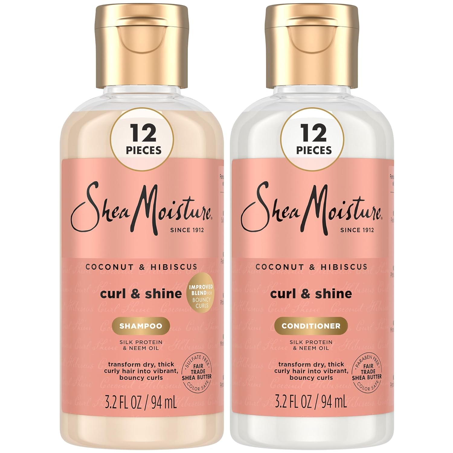SheaMoisture Travel Shampoo & Conditioner (12 Sets, 24 Bottles), Coconut & Hibiscus Curl & Shine, Frizz Control, Curly Hair Products, 3.2 Oz Ea