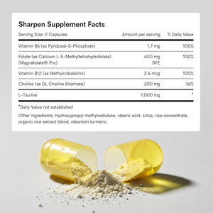 Tally Health Sharpen Brain Supplements for Memory and Focus | Taurine 1000mg, Choline & B-Complex Vitamins - Nootropic for Cellular Brain Health - Vegan, Non-GMO, Gluten Free | 60 Capsules