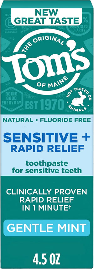 Tom's of Maine Rapid Relief Plus Sensitive Teeth Toothpaste, Fluoride Free, Gentle Mint, 4.5 Oz, 3 Pack, Clinically Proven Enamel Safe, Builds Arginine and Calcium Shield Around Teeth