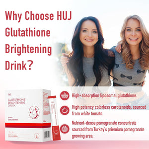 HUJ Glutathione Brightening Drink - Liposomal Liquid Glutathione - Skin Radiance, Metabolic Wellness & Immunity Support - Contains White Tomato Extract & Pomegranate Juice Concentrate - 30 Bags
