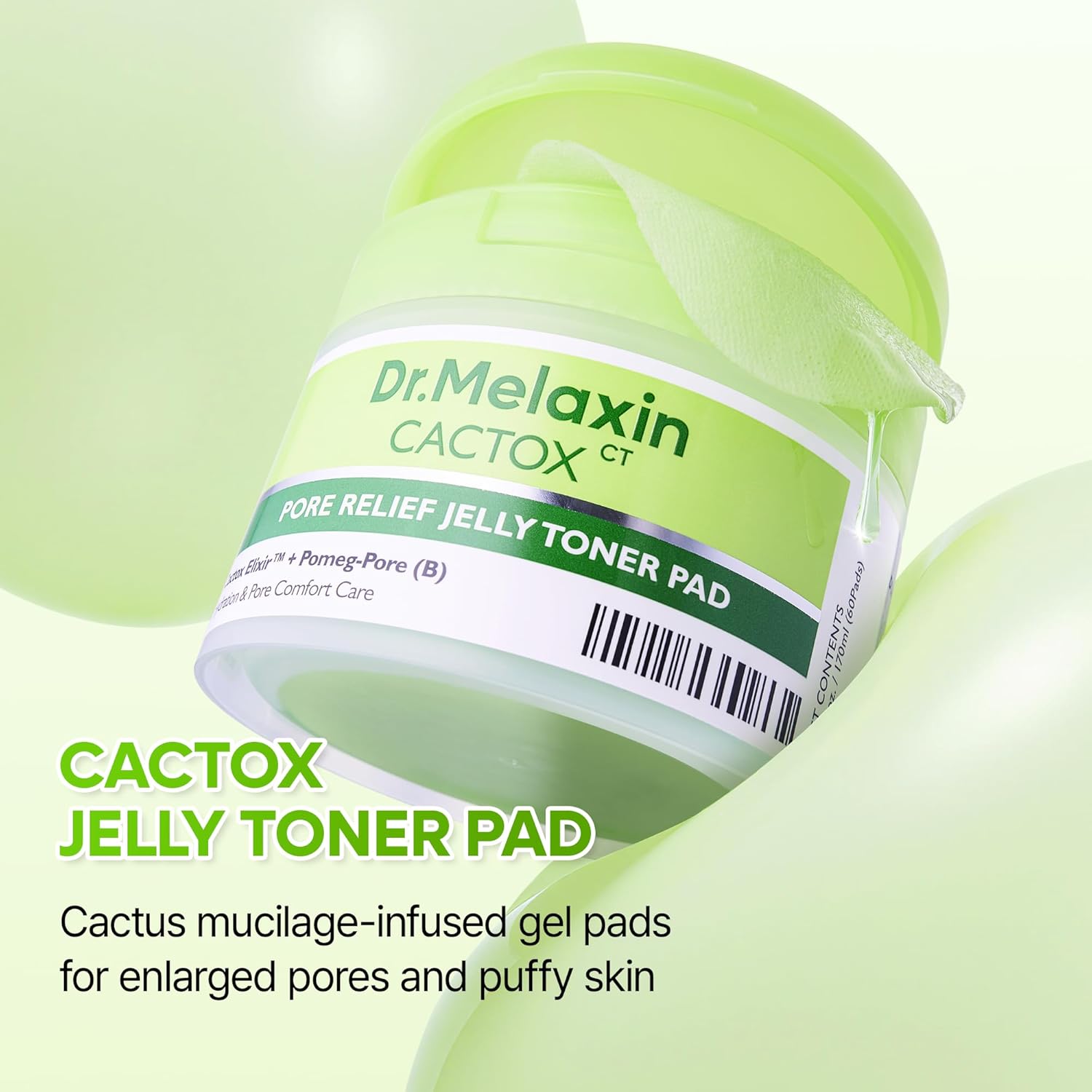 Dr. Melaxin Cactox Pore Relief Jelly Toner Pads, Cooling & De-Puffing Toner Pads for Enlarged Pores, Hydrating Cactus Gel Pads for Puffy Skin, 170ml (60 Pads)