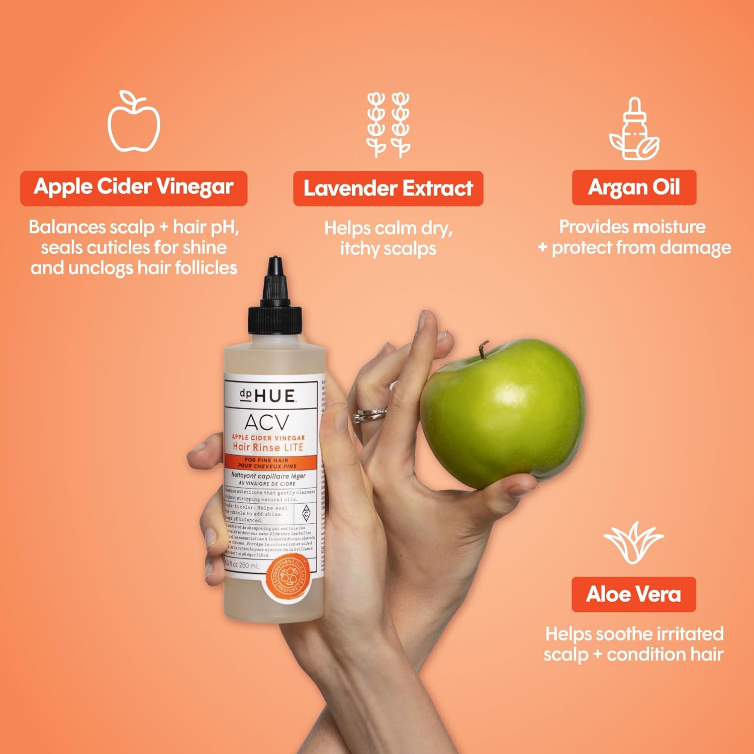 dpHUE Apple Cider Vinegar Hair Rinse Lite, 8.5 oz - Shampoo Alternative, Scalp Cleanser & Post Workout Rinse - Won’t Weigh Fine Hair Down - Removes Buildup & Sweat