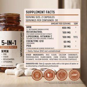 5-In-1 NAD+ Supplement | NMN + Resveratrol + CoQ10 + PQQ + Liposomal, NAD Supplement for Women & Men, Supports Cellular Energy, Heart, Brain and Healthy Aging –Third-Party Tested, 60 Vegan Capsules