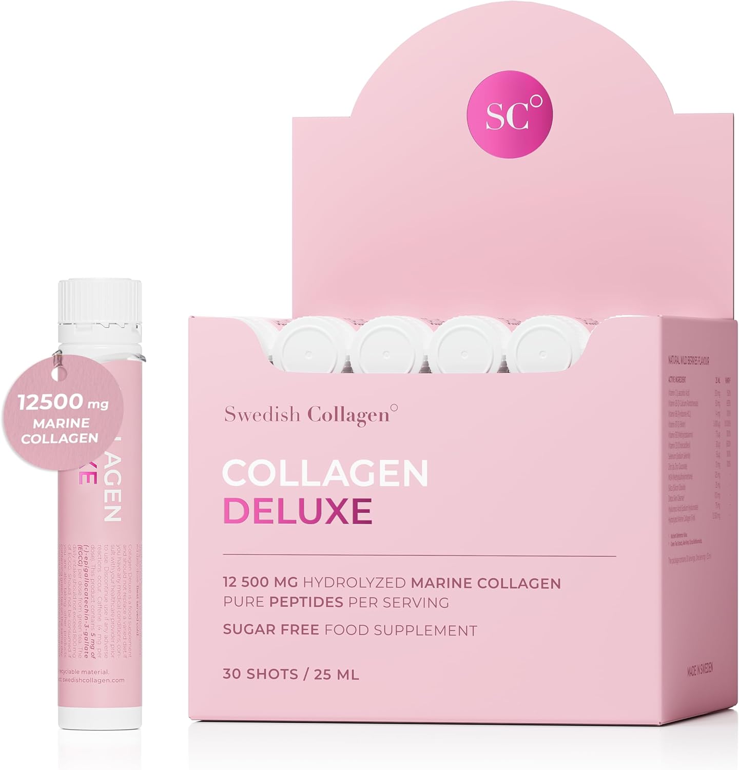 Swedish Collagen Deluxe, 12,500 mg Hydrolyzed Marine Collagen Liquid Supplement - 30 x 25 ml Daily Shots | Hyaluronic Acid, Biotin & Vitamin C for Healthy Hair, Skin, Nails & Joints | Sugar-Free