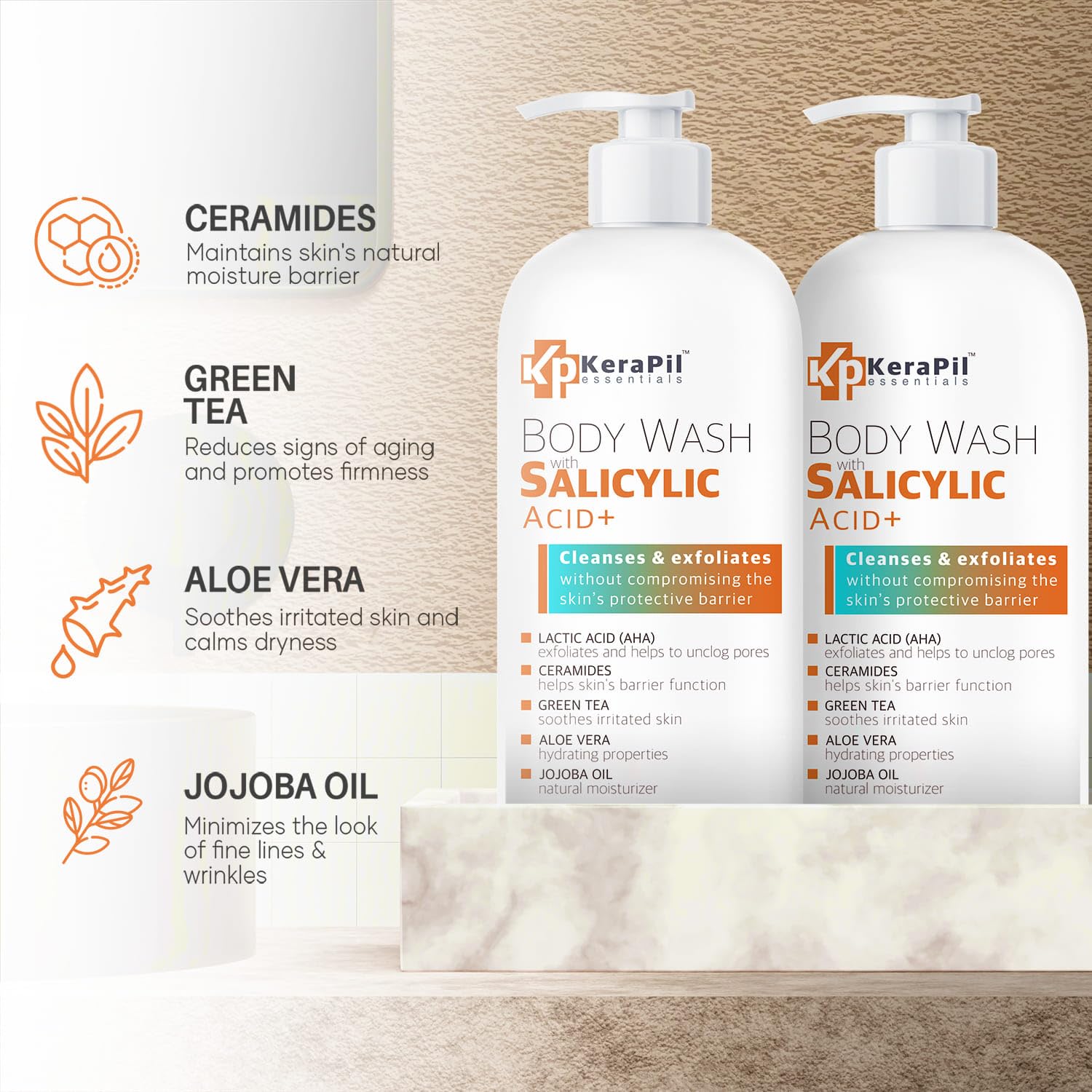 Salicylic Acid Body Wash - Skin Non-drying, Gentle Exfoliates Rough and Bumpy Skin, Body Acne Wash, BHA & AHA - Unscented Exfoliating Body Wash, Made in USA - (16 fl oz x 2)