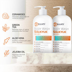 Salicylic Acid Body Wash - Skin Non-drying, Gentle Exfoliates Rough and Bumpy Skin, Body Acne Wash, BHA & AHA - Unscented Exfoliating Body Wash, Made in USA - (16 fl oz x 2)