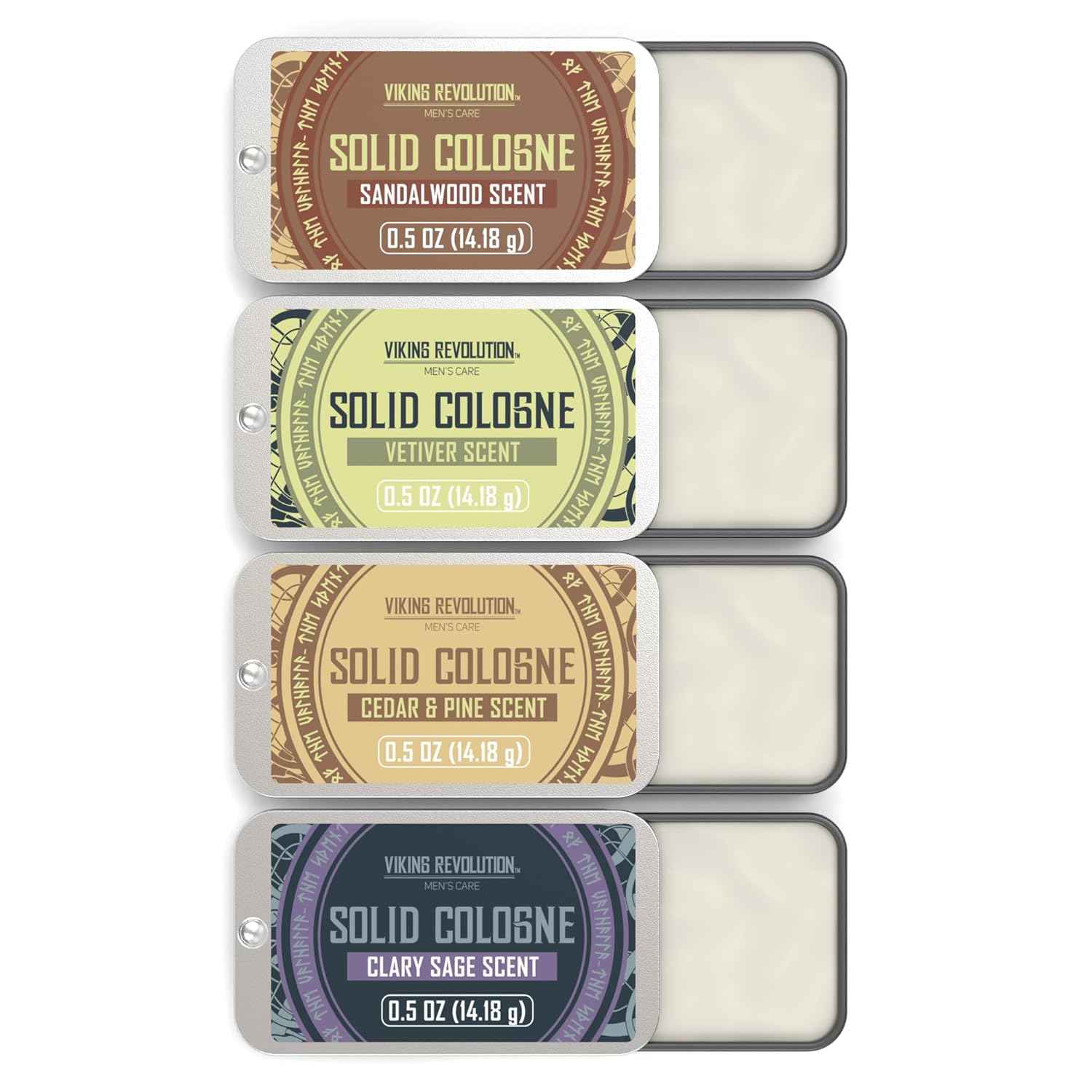 Viking Revolution 4 Pack Mens Solid Colognes 0.5 Oz - Men Solid Perfume with Cedar Wood, Clary Sage, Vetiver, Sandalwood Cologne for Mens - Travel Cologne Wax Gifts for Men
