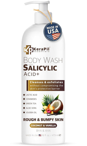 Salicylic Acid Body Wash - Skin Non-drying, Gentle Exfoliates Rough and Bumpy Skin, Body Acne Wash, BHA & AHA - Unscented Exfoliating Body Wash, Made in USA - (16 fl oz x 2)