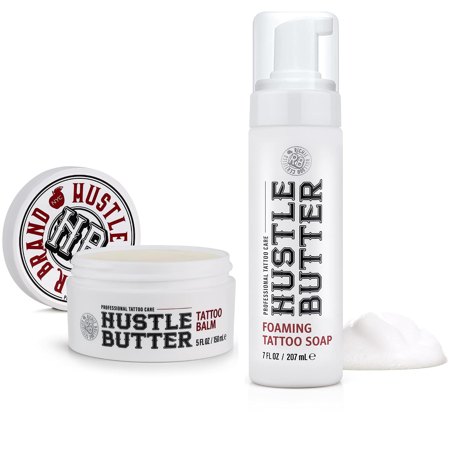Hustle Butter Tattoo Soap & Aftercare Balm - Antibacterial Soap, Safe To Use While Healing, Vegan, No Petroleum - 5 Ounce Balm & 7 Ounce Tattoo Wash Kit
