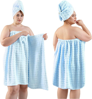 REDKISS Blue Towel Wrap for Women, XL Spa Shower Wrap with Hair Towel, Super Absorbent Bath Towels Robe for Body, Adjustable Microfiber Plush Bathrobe for Girls, Warmth Velcro Plus Size Wraps Towels
