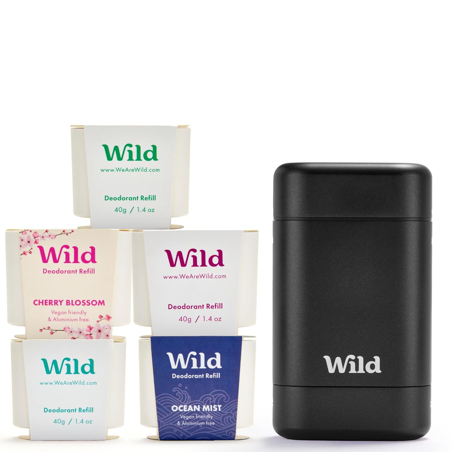 Wild - The Full Monty Aluminum Free Deodorant Starter Kit for Men - Refillable Stick Deodorant with Purple Case & Zero Plastic Vegan Refills in a Variety of Scents 5 x 1.4oz - Long Lasting Protection
