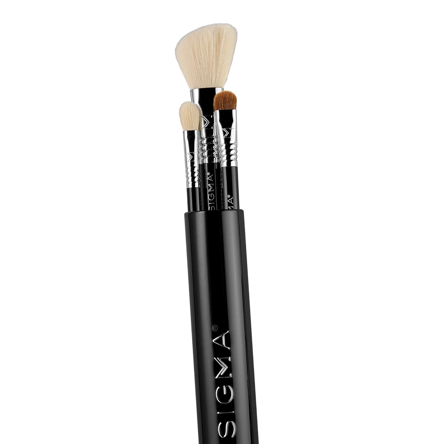 Sigma Beauty Travel Essential Trio - Makeup Brush Set for Foundation Powder Eyeshadow - 3 Tool Brushes with Brush Tin Holder - Skin Safe, Vegan Makeup Brushes for Travel - Black