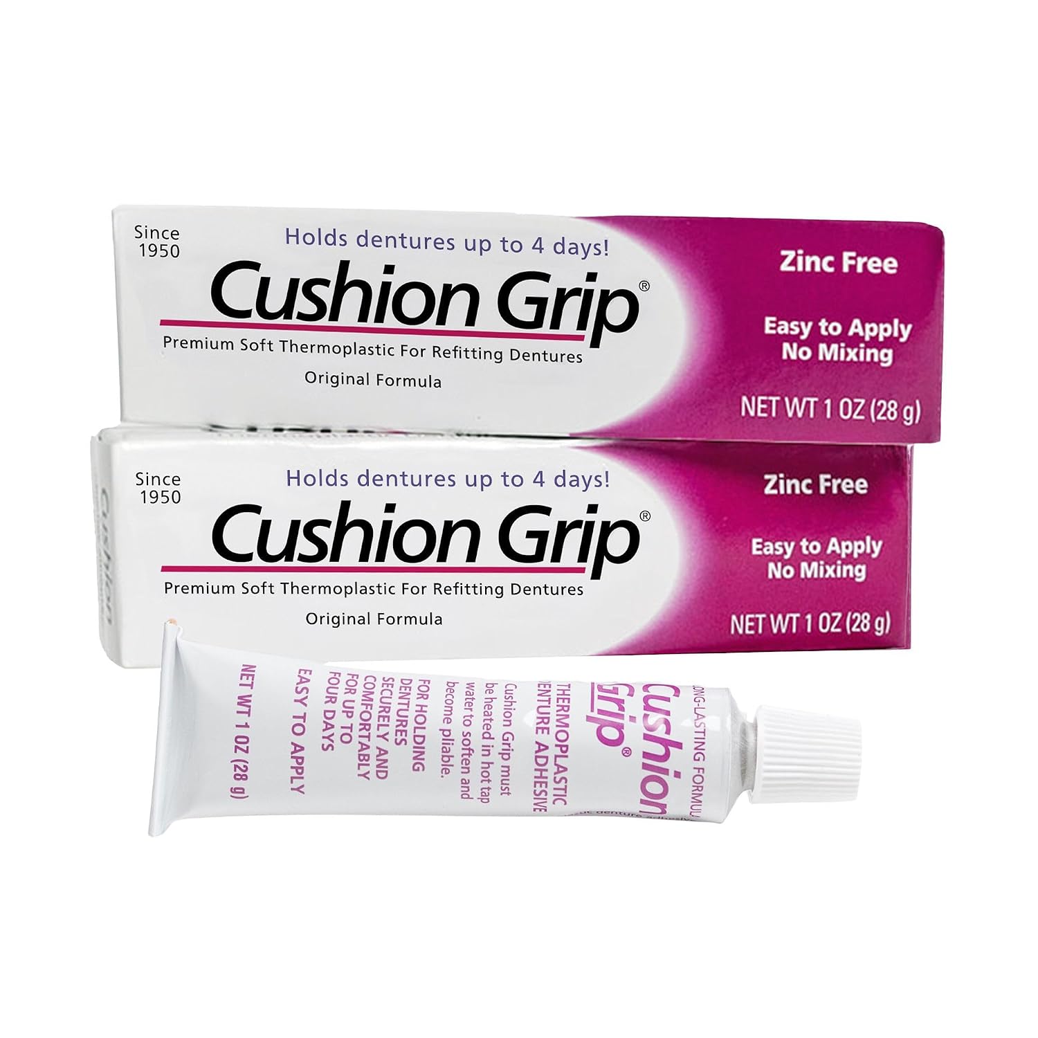 Cushion Grip Thermoplastic Denture Adhesive - Refits & Tightens Dentures | Works Like a Denture Reliner for Secure Fit & Comfort, Holds Up to 4 Days, Glue-Free, Waterproof & Zinc-Free, 1 oz (2 Packs)