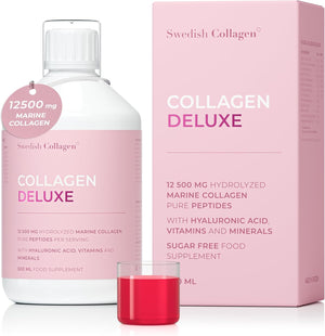 Swedish Collagen Deluxe, 12,500 mg Hydrolyzed Marine Collagen Liquid Supplement - 30 x 25 ml Daily Shots | Hyaluronic Acid, Biotin & Vitamin C for Healthy Hair, Skin, Nails & Joints | Sugar-Free