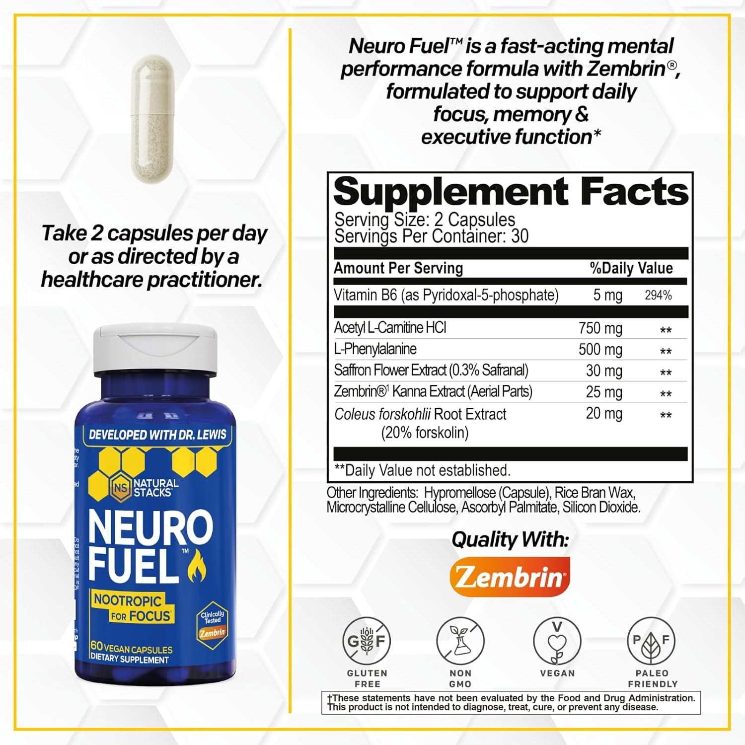 NATURAL STACKS NeuroFuel Nootropic with Zembrin - Doctor Developed Memory & Focus Supplement - Kanna Extract Sceletium Tortuosum - Nootropic Brain Supplement for Focus - 60 Zembrin Capsules