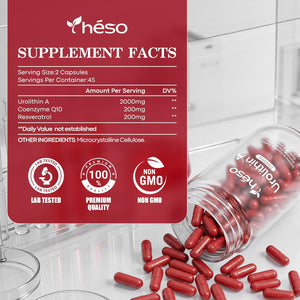 Urolithin A Supplement with CoQ10 200mg & Resveratrol 200mg, Mitochondrial Support & Cellular Energy, Pomegranate-Derived Urolithin A Capsules, Vegan, Non-GMO, 90 Capsules