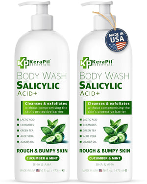 Salicylic Acid Body Wash - Skin Non-drying, Gentle Exfoliates Rough and Bumpy Skin, Body Acne Wash, BHA & AHA - Unscented Exfoliating Body Wash, Made in USA - (16 fl oz x 2)