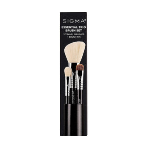 Sigma Beauty Travel Essential Trio - Makeup Brush Set for Foundation Powder Eyeshadow - 3 Tool Brushes with Brush Tin Holder - Skin Safe, Vegan Makeup Brushes for Travel - Black
