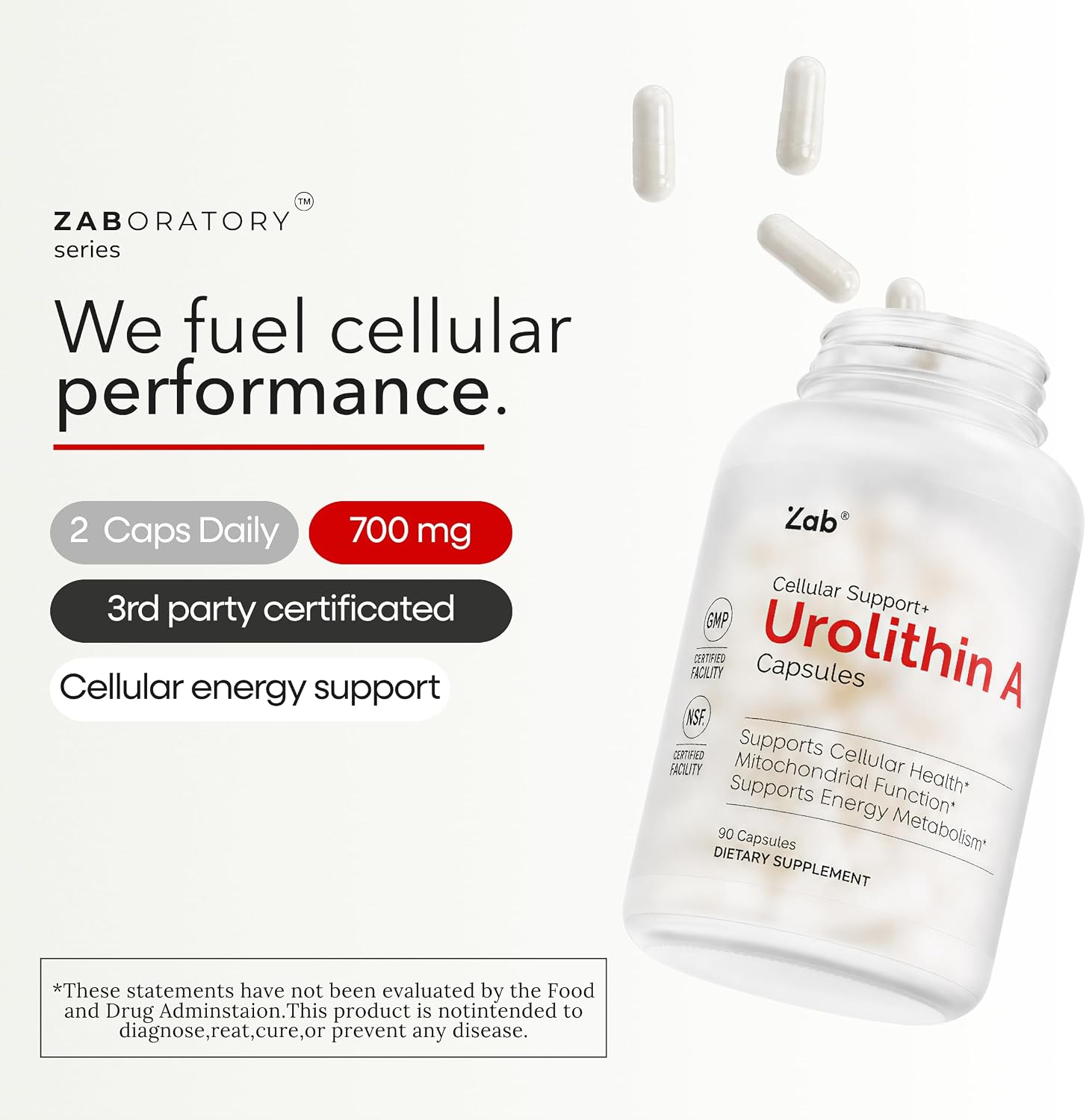 ZAB Urolithin A Supplement 700mg Per Serving Mitochondrial Supplements Support Energy Metabolism Cellular Health for Men & Women, Vegan, 90 Capsules, 45 Servings