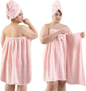 REDKISS Blue Towel Wrap for Women, XL Spa Shower Wrap with Hair Towel, Super Absorbent Bath Towels Robe for Body, Adjustable Microfiber Plush Bathrobe for Girls, Warmth Velcro Plus Size Wraps Towels