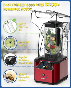 Commercial Quiet Blender, 2200 Watt Professional Countertop Blender with 80oz Pitcher, Built-in Pulse & 15-speeds Control, Smoothie Blender for Commercial and Home, K90 Red