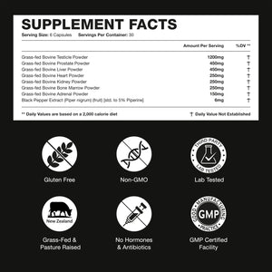Beef Organ Supplement for Men | 100% Grass Fed Beef Liver Capsules with Bull Testicle, Prostate, Bone Marrow & More X: Ancestral Superfoods for Vital Energy, Immunity & Men’s Health, 180 ct