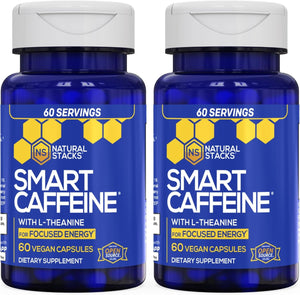 NATURAL STACKS Smart Caffeine Pills - 100mg Caffeine + 200mg L-Theanine Supplement - Supports Energy and Focus - No Jitters and No Crash - 60 Capsules