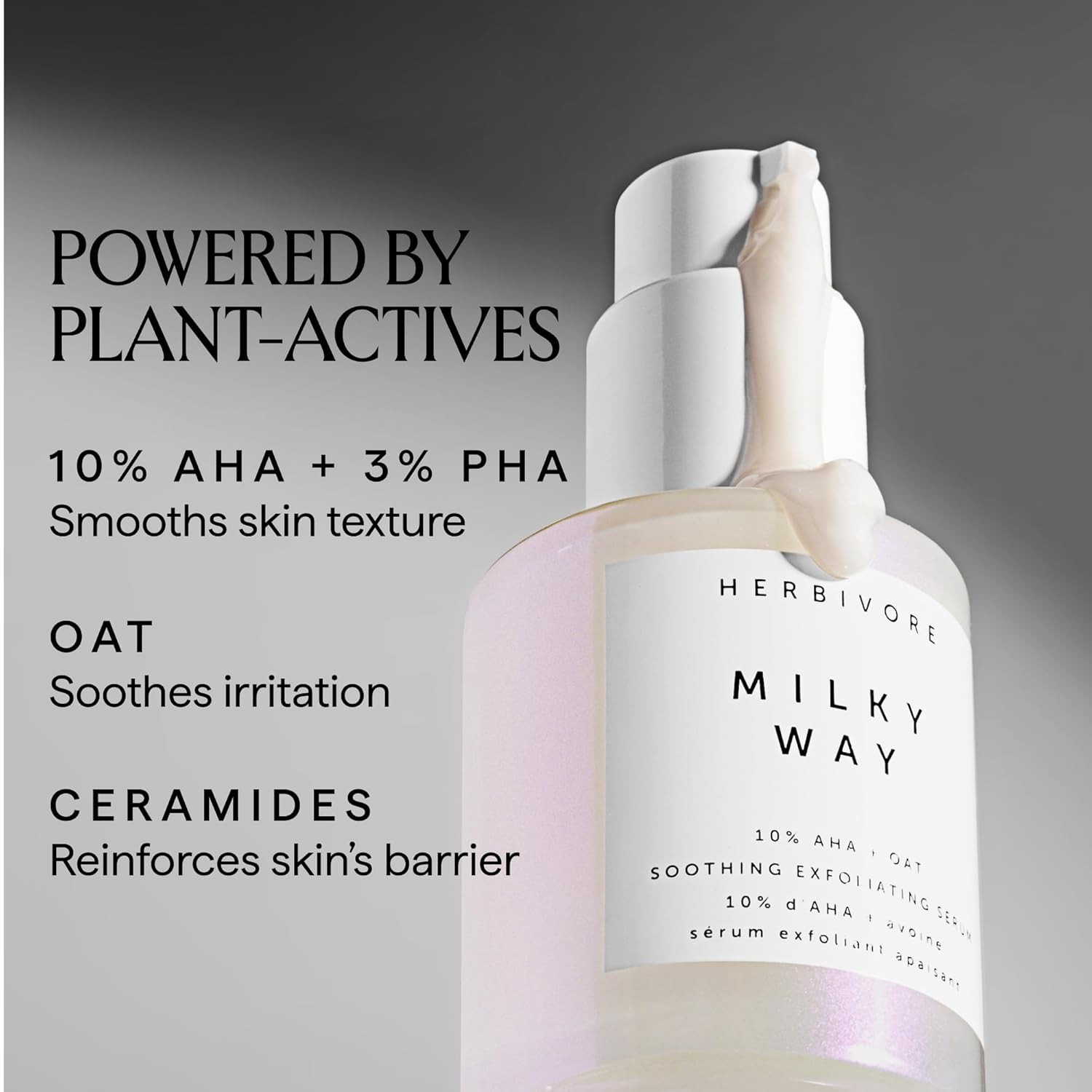 HERBIVORE Milky Way 10% AHA + Oat Soothing Exfoliating Serum – Multitasking Instant Glow Formula with Ceramides & Hyaluronic Acid, Plant-based, Vegan, Cruelty-free, 30mL / 1 oz