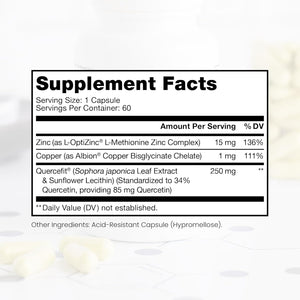 Zinc Defense | Zinc + Copper + Quercetin | 60 Servings in Vegan Capsules | L-OptiZinc & Quercefit Ionophore | Chelated Minerals | Immune, Gut, & Hormonal Balance Support