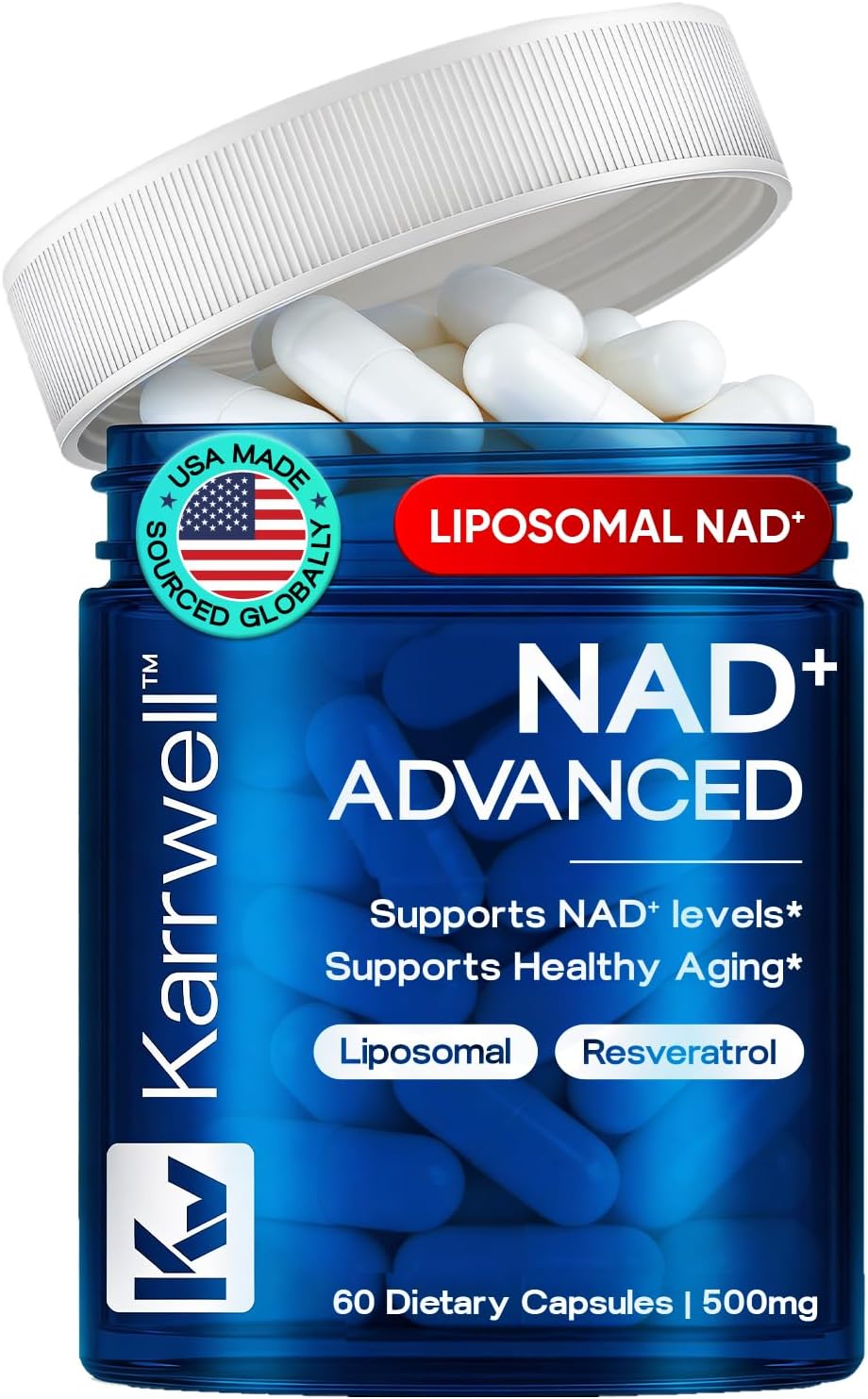 Liposomal NAD+ Supplement 500mg with Resveratrol – NAD Plus Capsules for Cellular Energy, Mitochondrial Support & Healthy Aging – NMN Alternative, Non-GMO, Vegan – 60 Capsules (30 Day Supply)